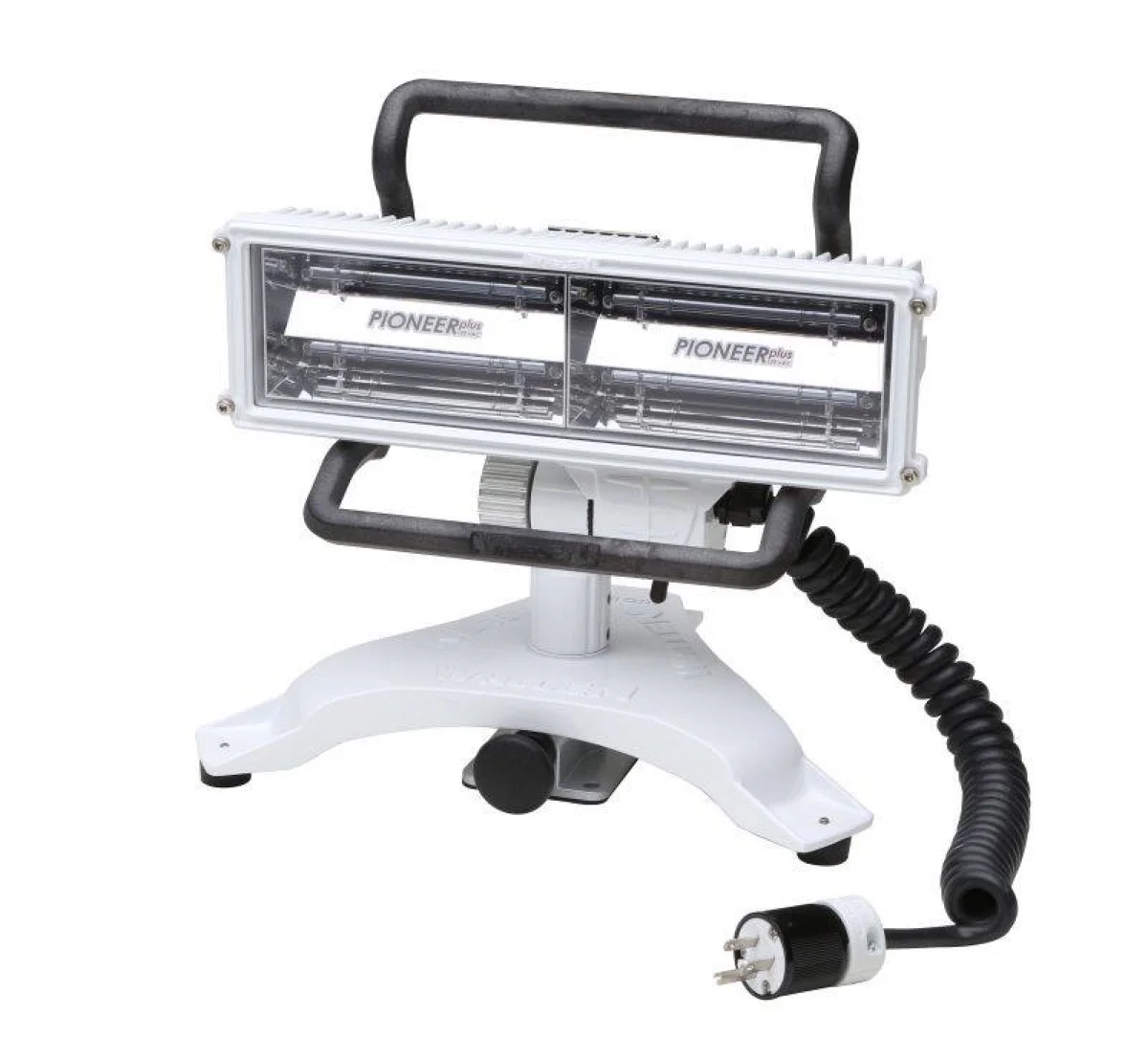 Black coiled power cord with twist-lock plug on a portable LED scene light
