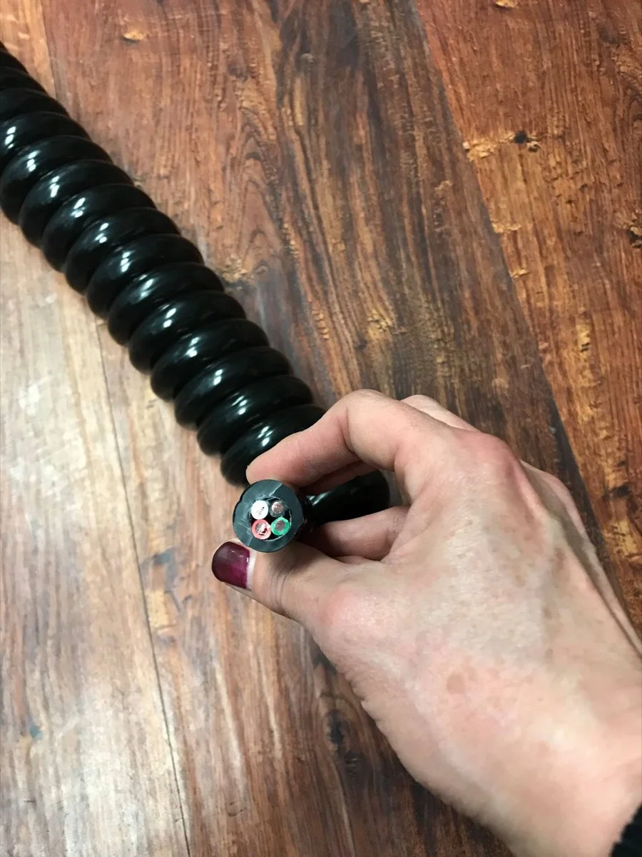 Cut end of a coiled cable showing multi-conductor construction